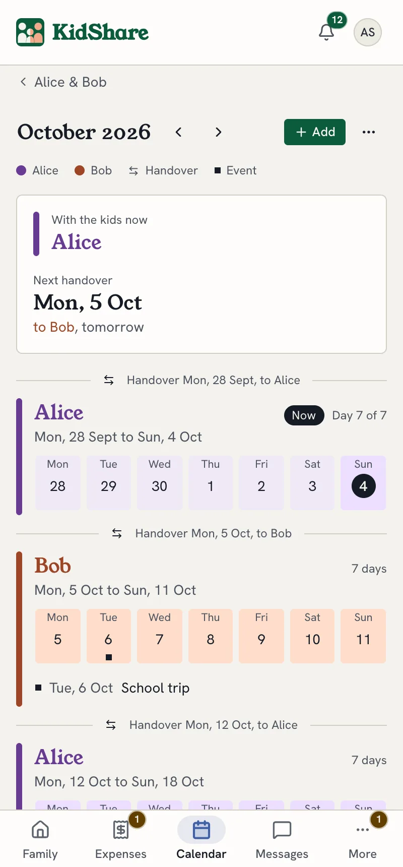 The Calendar page: weeks of custody in each parent's colour, with handovers marked