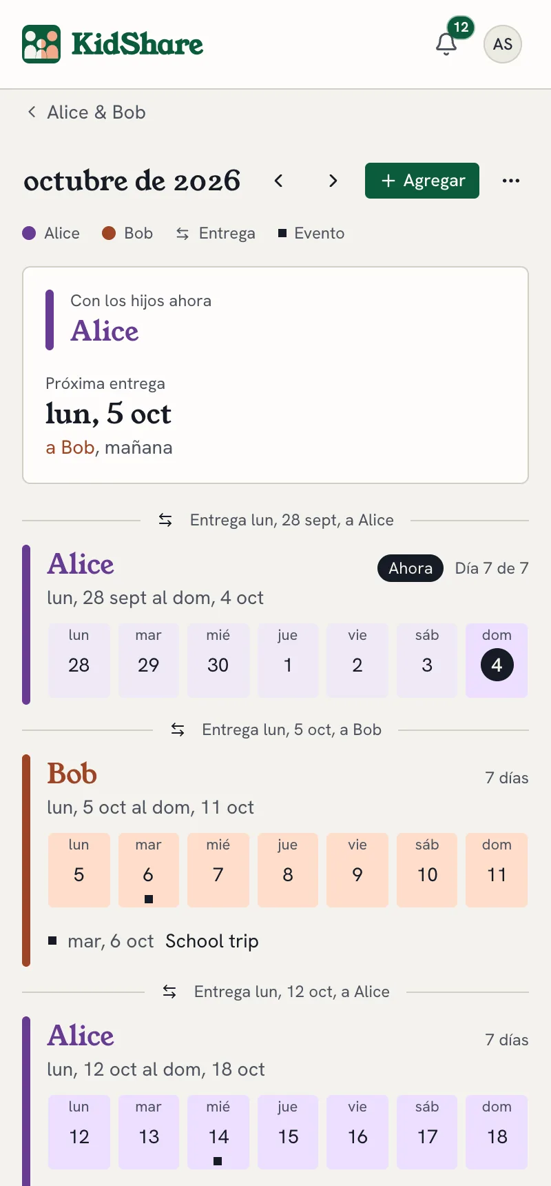 La página del calendario: semanas de custodia con el color de cada padre y los relevos marcados