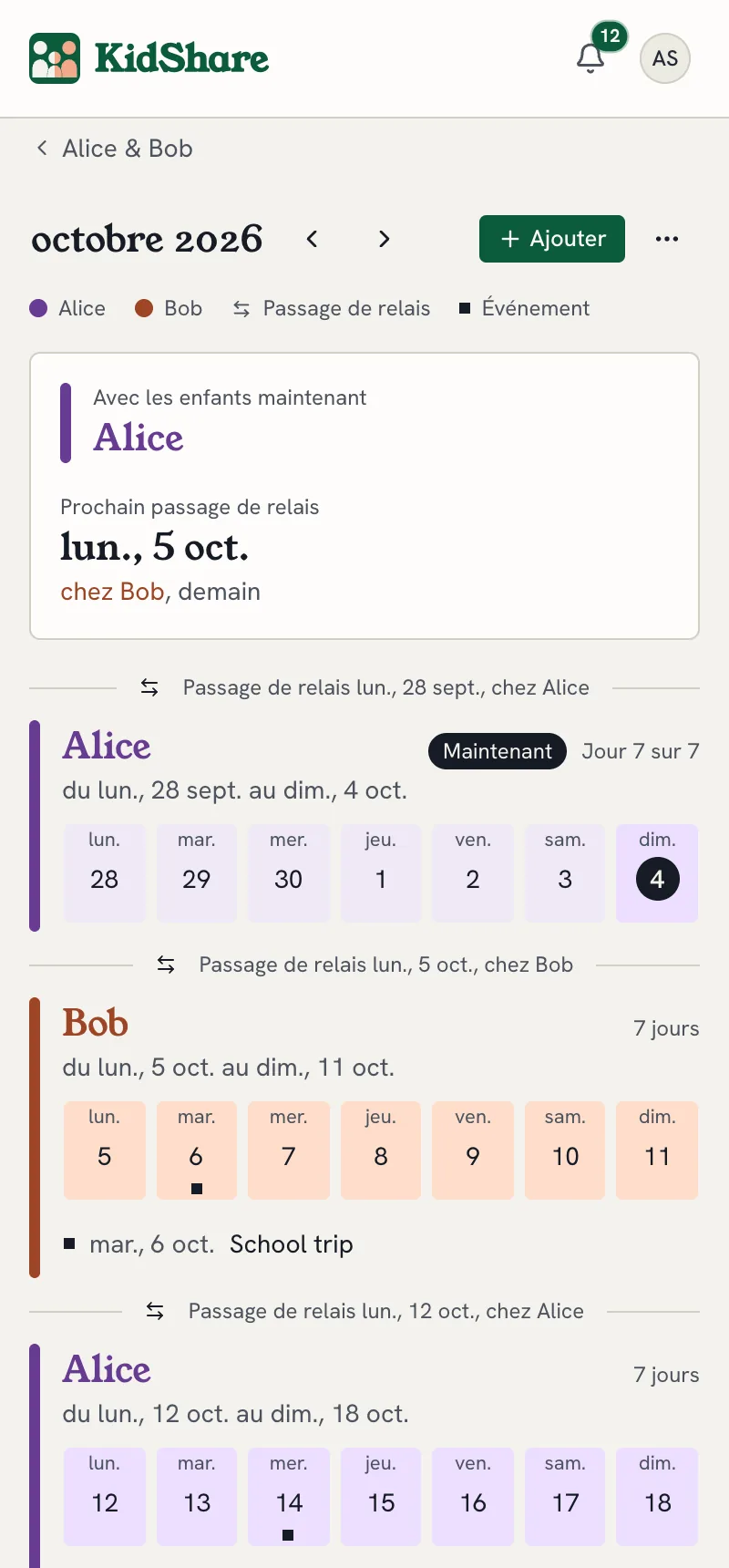 La page Calendrier : les semaines de garde à la couleur de chaque parent, avec les passages de relais marqués