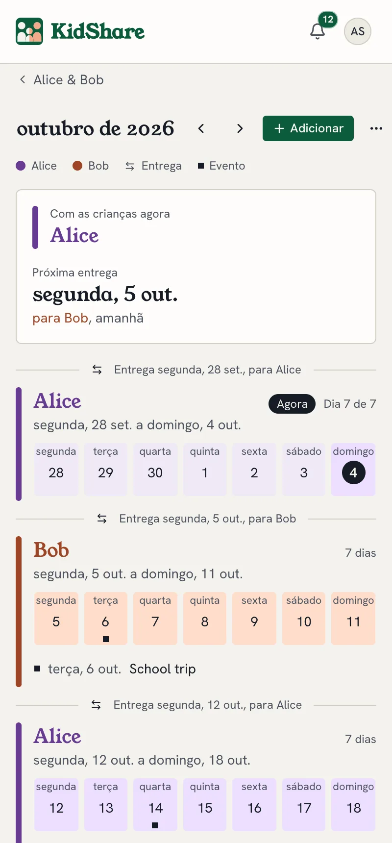A página do calendário: semanas de guarda na cor de cada progenitor, com as trocas assinaladas