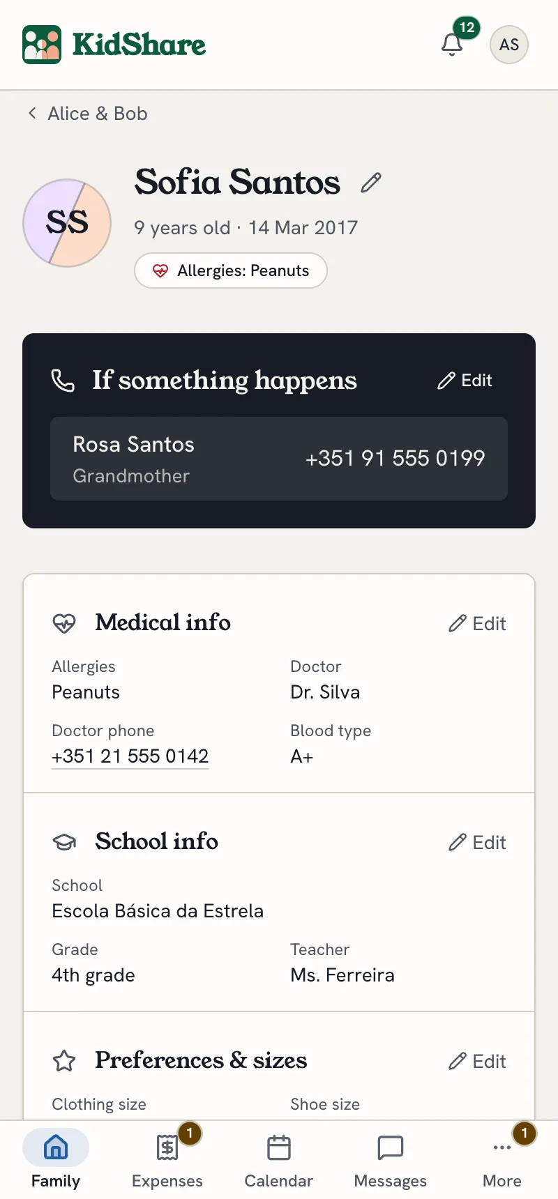 A child's profile: medical info, school details and emergency contacts