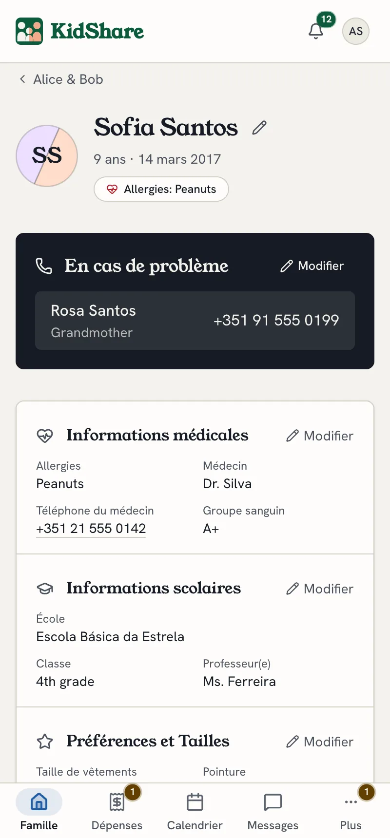 Le profil d'un enfant : informations médicales, école et contacts d'urgence