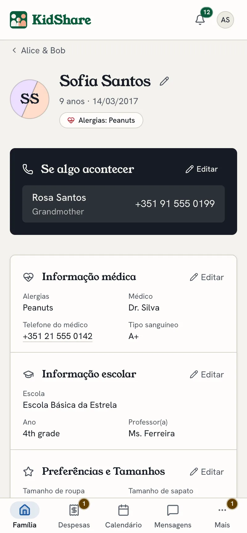 O perfil de uma criança: informação médica, escola e contactos de emergência