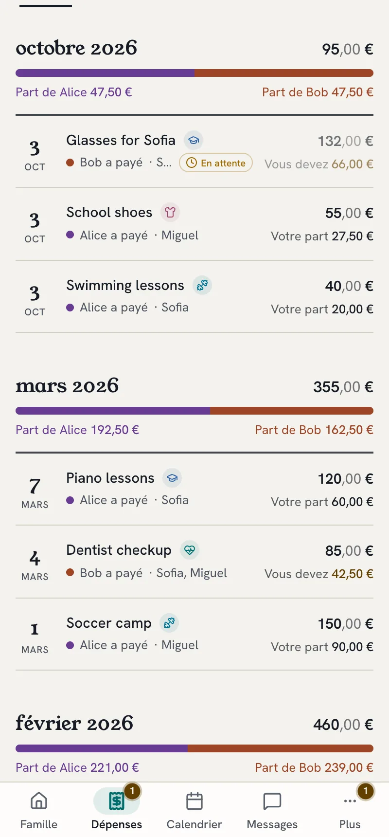 La page Dépenses : les frais d'octobre, chacun avec la part de chaque parent et une barre qui montre la répartition
