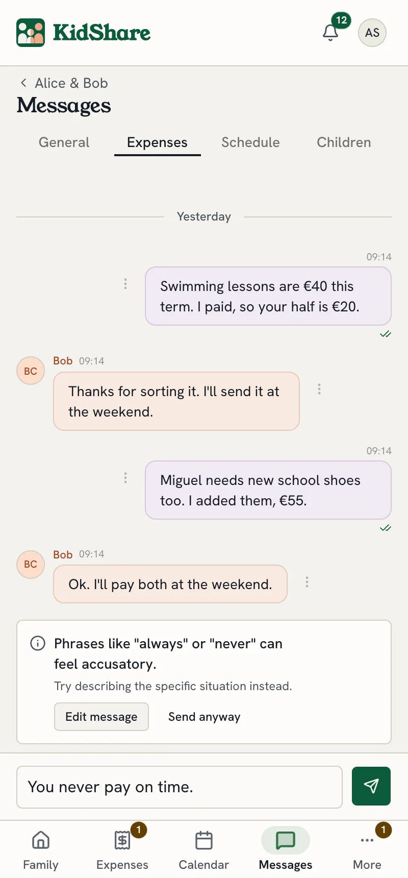 The Messages page: a thread in the expenses topic and a tone suggestion shown before a sharp draft goes out